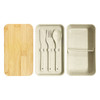 A wheat straw lunch box pack in beige with a bamboo lid and included utensils: fork, knife, and spoon.
