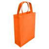 An orange laminated non-woven trade show bag with double handles and a plain design.