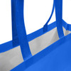 A blue laminated non-woven trade show bag with two handles and a white interior. Features branding.