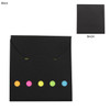 A black sticky note pad with five coloured dots (pink, orange, yellow, green, blue) on the front. The back is plain.