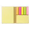 A bamboo sticky note set featuring yellow, pink, orange, green, and neon sticky flags, arranged in a light brown holder.