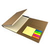 A brown stationery set featuring a lined notepad, sticky notes, and colourful page markers. It also includes a branding logo.