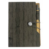 A green wooden-textured sticky note pad with a pen secured by a band. The design includes a pocket for loose notes.