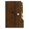 A brown sticky note pad with a wood grain design, secured with an elastic band and featuring a pen holder.