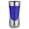 A travel mug featuring a blue body with a stainless steel base and rim, complemented by a sleek design and logo.