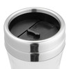 A travel mug with a polished silver exterior and a black flip-top lid. It features a logo on the front.