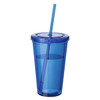 A blue plastic tumbler with a straw and lid, featuring a solid design and a logo.