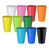 A collection of plastic cups in various colours, including white, pink, red, orange, yellow, green, blue, and black.