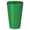 A green plastic party mug with a tapered design, featuring a smooth surface and a logo.