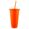 An orange plastic tumbler with a matching straw, featuring a lid and a simple design.