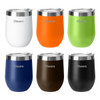 A collection of six insulated travel mugs in white, orange, green, navy, brown, and black with silver lids. Each has a logo.