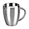 A stainless steel coffee mug with a curved design and a handle, featuring a shiny metallic finish.