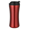 A travel mug in a glossy red finish with a black lid, featuring a sleek, tapered design and a branded logo.