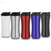 A collection of travel mugs in white, silver, red, blue, and black, featuring a lid and a logo.