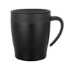 A black coffee mug with a smooth finish and a comfortable handle, featuring a logo on the side.