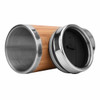 A bamboo reusable coffee cup with stainless steel accents and a black lid, featuring a logo.