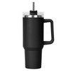 A black travel mug with a clear lid and straw, featuring a sturdy handle and a sleek design.