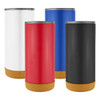 A travel mug set featuring white, red, blue, and black designs with cork base accents and a logo.