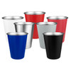 A drink bottle collection featuring metal party cups in red, blue, white, grey, silver, and black, with branding visible.