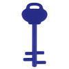 A blue mobile key stand shaped like a key, featuring a round top and two horizontal bars at the bottom.