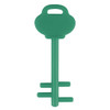 A green mobile key stand with a key-shaped design and a handle. It features multiple prongs for phone support.