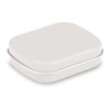 A rectangular mint tin in a sleek white finish with rounded edges. The tin has a lid and features branding.
