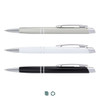 A set of three metal pens in grey, white, and black, each featuring a silver clip and accents.