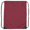 A maroon nylon backsack with black corners and a drawstring closure, featuring a logo.