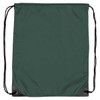 A drawstring bag in dark green with black leather corners and a logo.