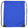 A blue nylon backsack with black corners and drawstring closure. Features a simple design and a logo.