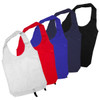 Tote bags in white, red, blue, navy, and black, featuring long handles and a logo.
