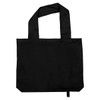A black tote bag with two handles and a simple design. It features a logo on one side.
