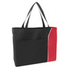A black and red nylon tote bag featuring a front pocket and dual handles, branded with a logo.