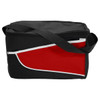 A black and red nylon cooler bag with a zip closure and shoulder strap. It features a branding logo.