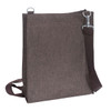 A brown nylon library bag with a shoulder strap and a metal clip, featuring a simple design and no visible branding.