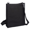 A black nylon library bag with a shoulder strap and a silver clip, featuring a simple design.