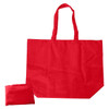 A red nylon foldaway shopping bag, displayed alongside its compact, folded version. Features shoulder straps and a logo.