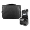 A black toiletry bag with a hook, featuring multiple compartments and a zipper. It has a simple, modern design.