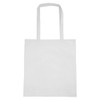 A white non-woven tote bag with a V gusset and two shoulder straps, featuring a logo on one side.