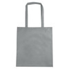 A grey non-woven tote bag with a V gusset and long handles, featuring a simple logo.