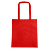 A red non-woven tote bag with a V gusset and shoulder straps, featuring a logo.