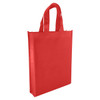 A red non-woven tote bag with two handles and a plain design, featuring a space for branding.
