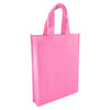 A pink non-woven tote bag with sturdy handles and a blank surface, featuring a logo.