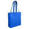 A blue non-woven reusable shopper bag with long handles and a simple design. Contains a logo.
