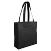 A black non-woven reusable grocery bag with long handles and a simple design, featuring a logo.