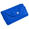 A blue non-woven foldable shopping bag, featuring a snap closure and compact design for easy storage.