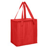 A red non-woven cooler bag with a zipped lid and two sturdy handles, featuring a logo.