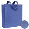 A blue patterned non-woven tote bag with two handles and a close-up texture detail. Features a logo.