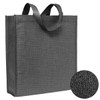 A dark grey patterned non-woven tote bag with sturdy handles and a textured finish. Features a logo.