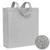 A silver patterned non-woven tote bag with two handles and a textured finish. The bag features a logo.